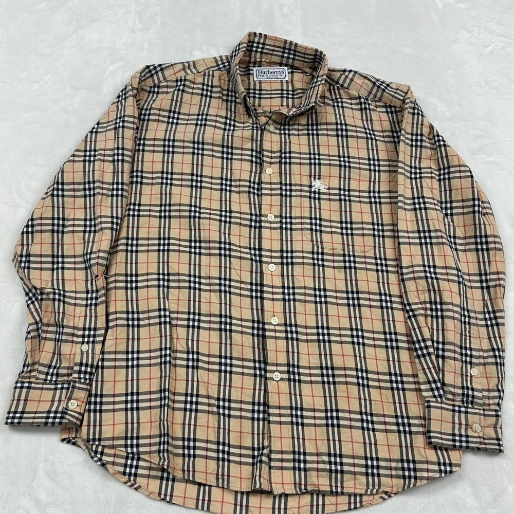 Burberrys Button Down Shirt Mens XL Beige Nova Check Plaid Long Sleeve Vintage